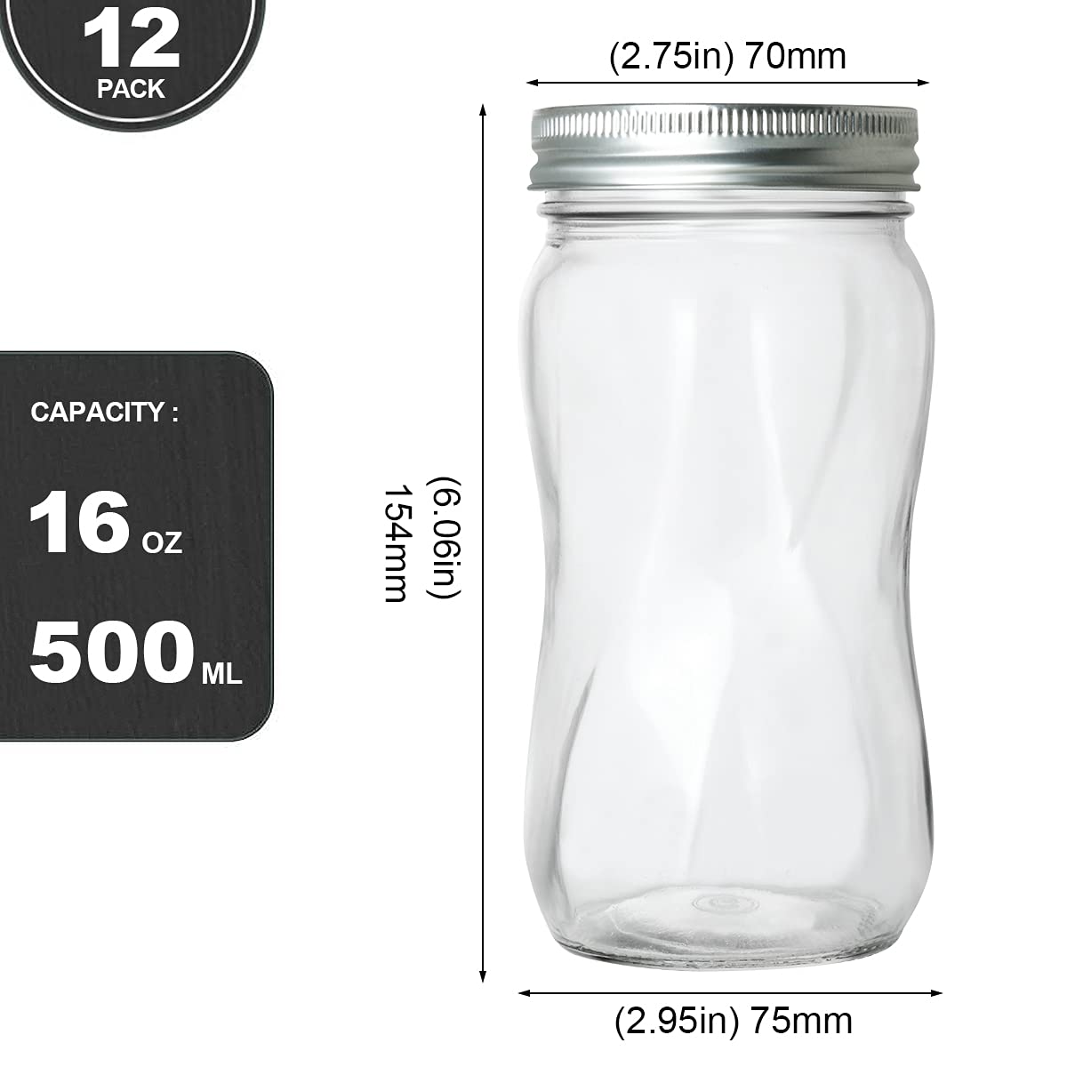 16oz Regular Mouth Mason Jars 12 Pack with Lids & Bands B7799