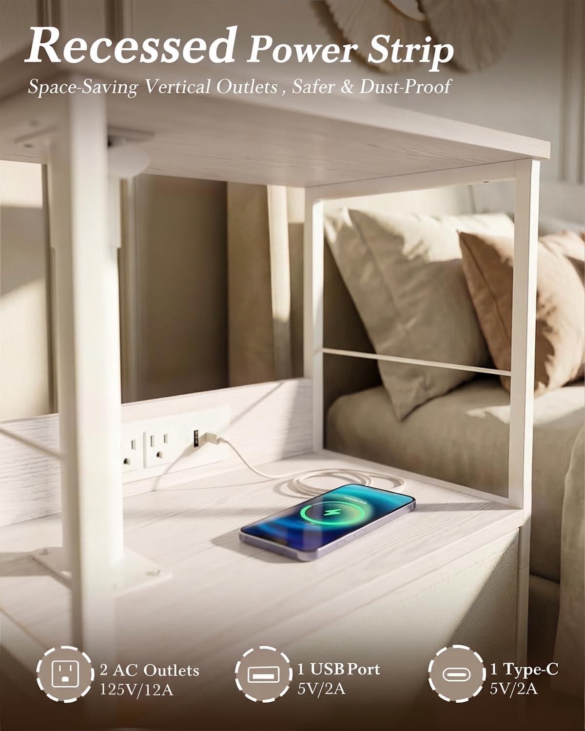 White Night Stand with Charging Station & Swivel Top N811