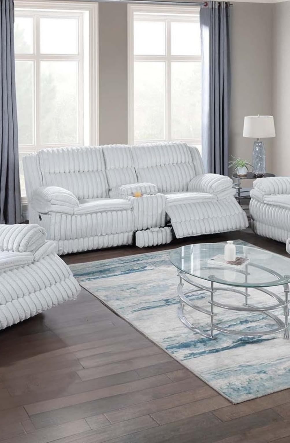 Light Gray Corduroy Recliner Loveseat with Drawer Console G661767