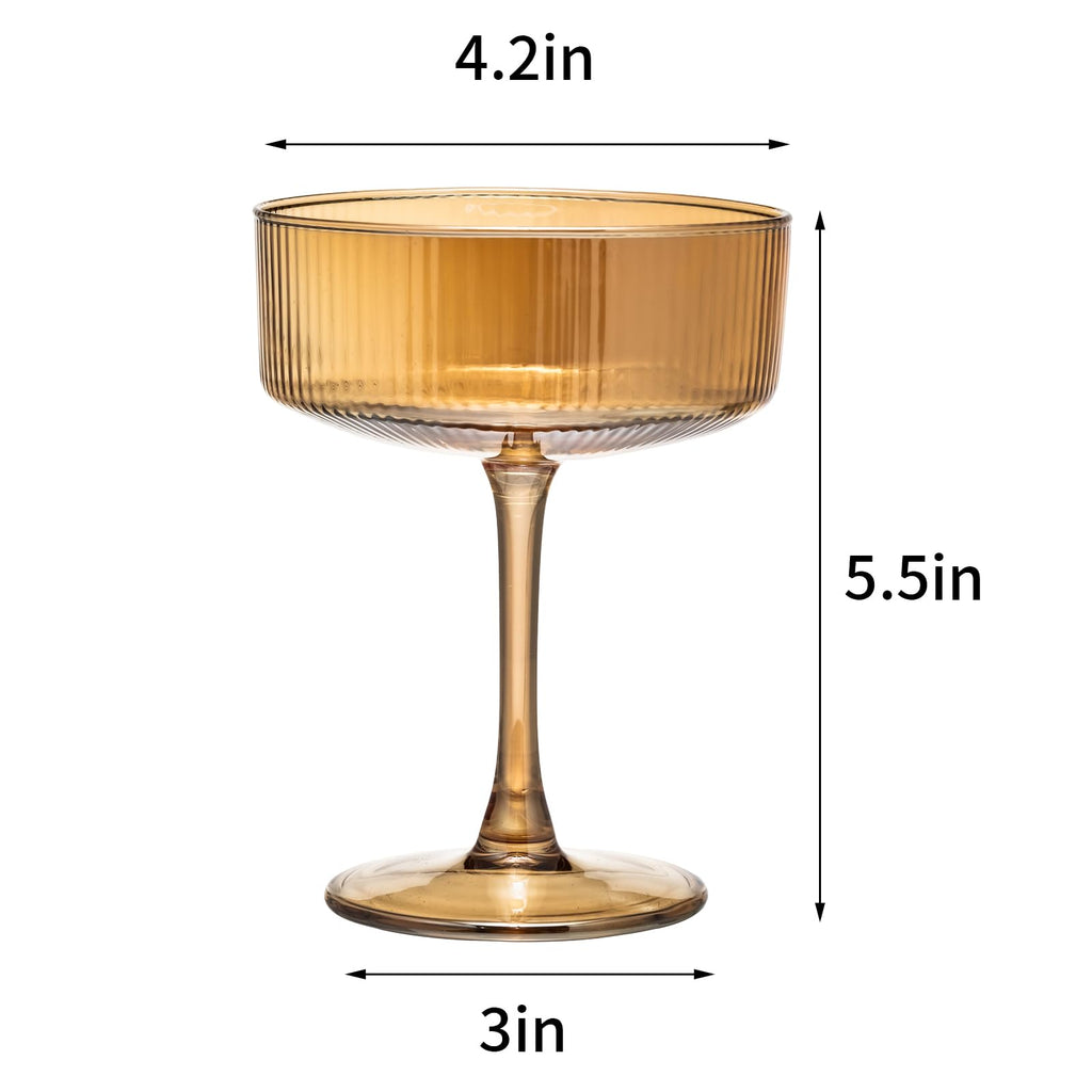 Set of 6 Amber Ribbed Coupe Cocktail Glasses D448