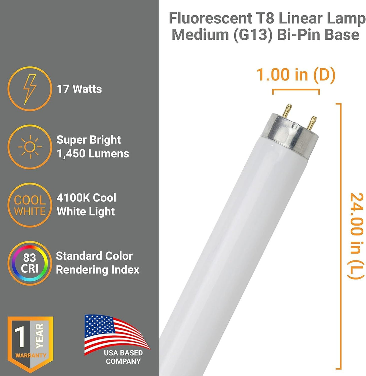 24 Inch T8 Fluorescent Tube Light Bulb 17W 4100K Cool White G13 Base Pack of 30 G252137