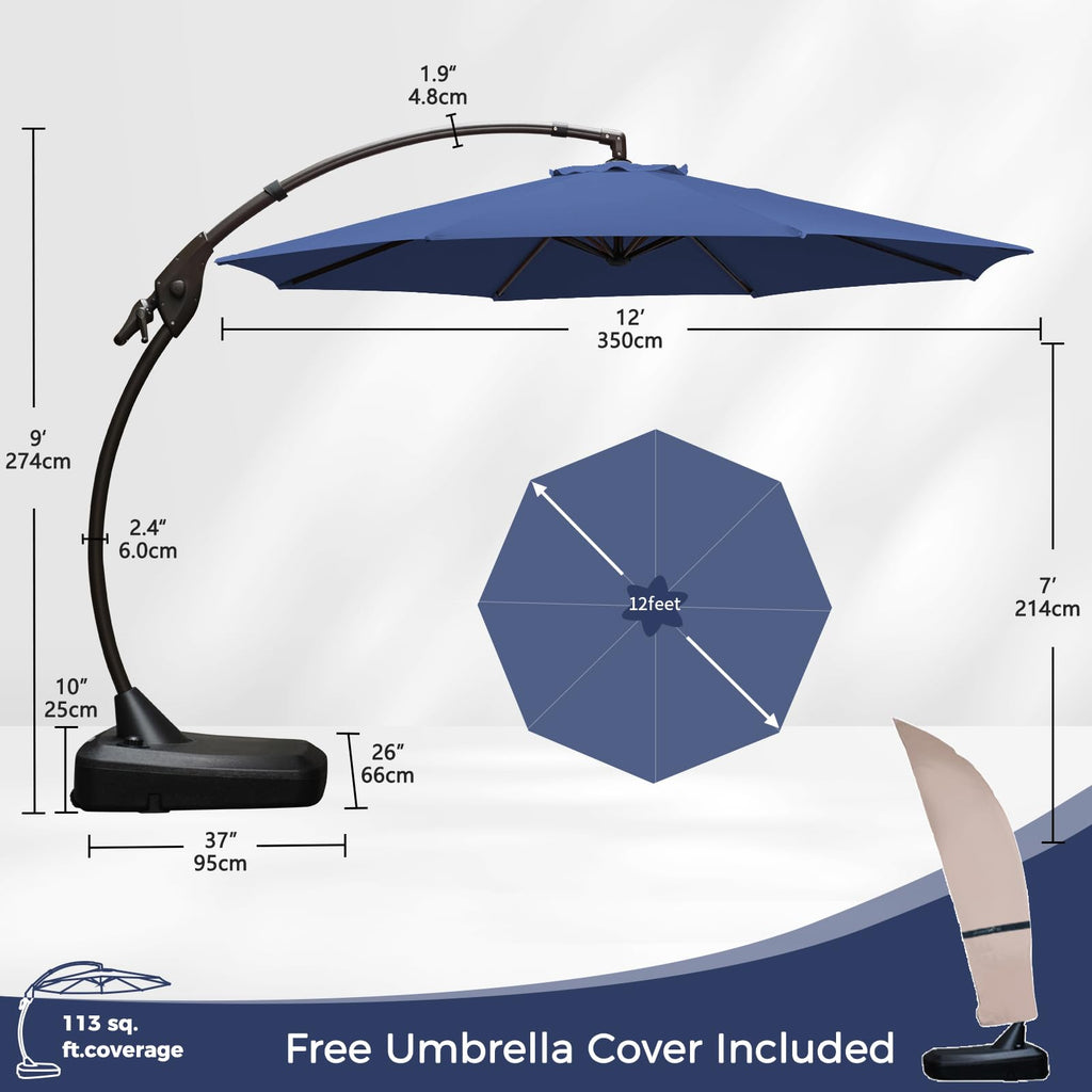 12FT Cantilever Round Umbrella with Base & Cover Navy Blue N110