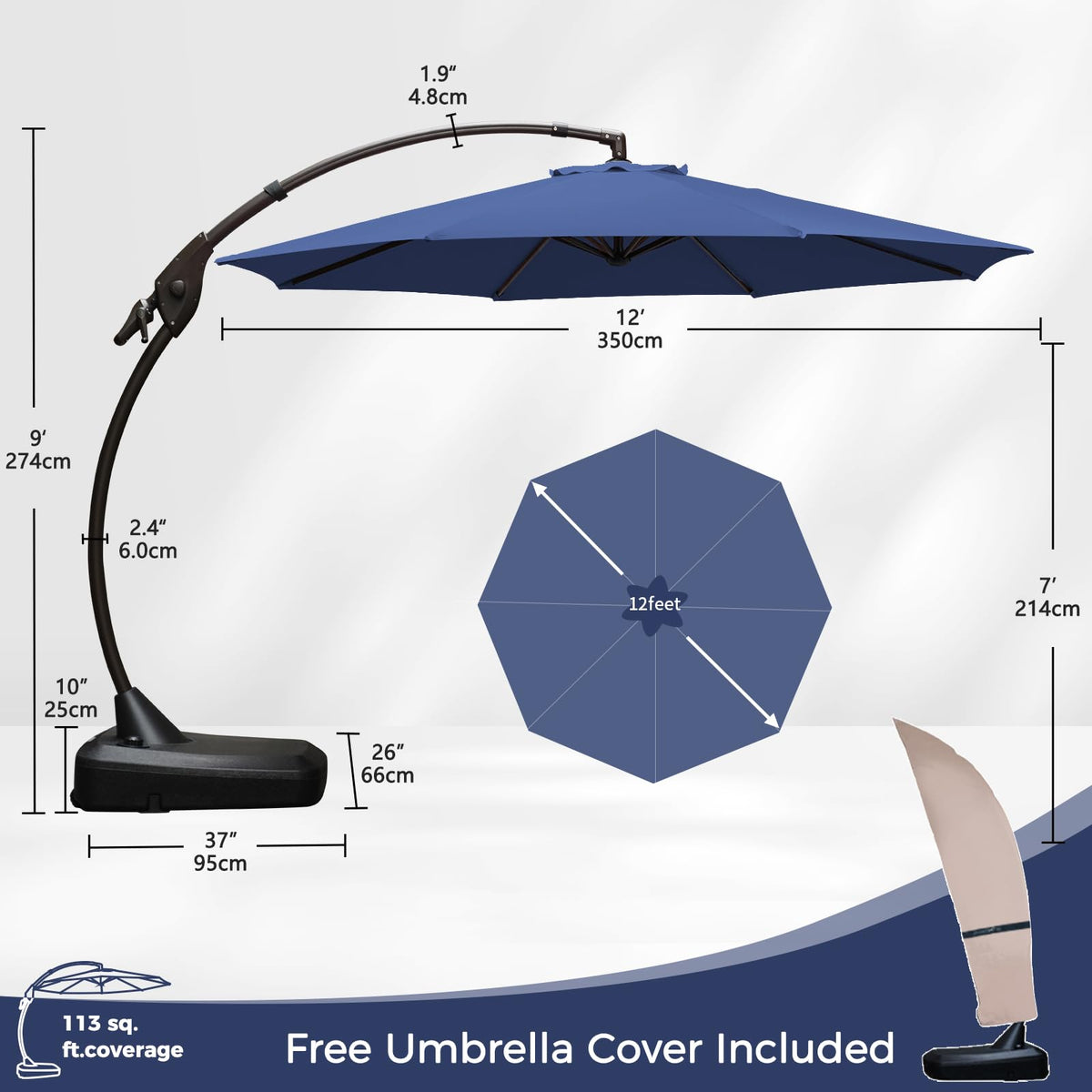 12FT Cantilever Round Umbrella with Base & Cover Navy Blue N110