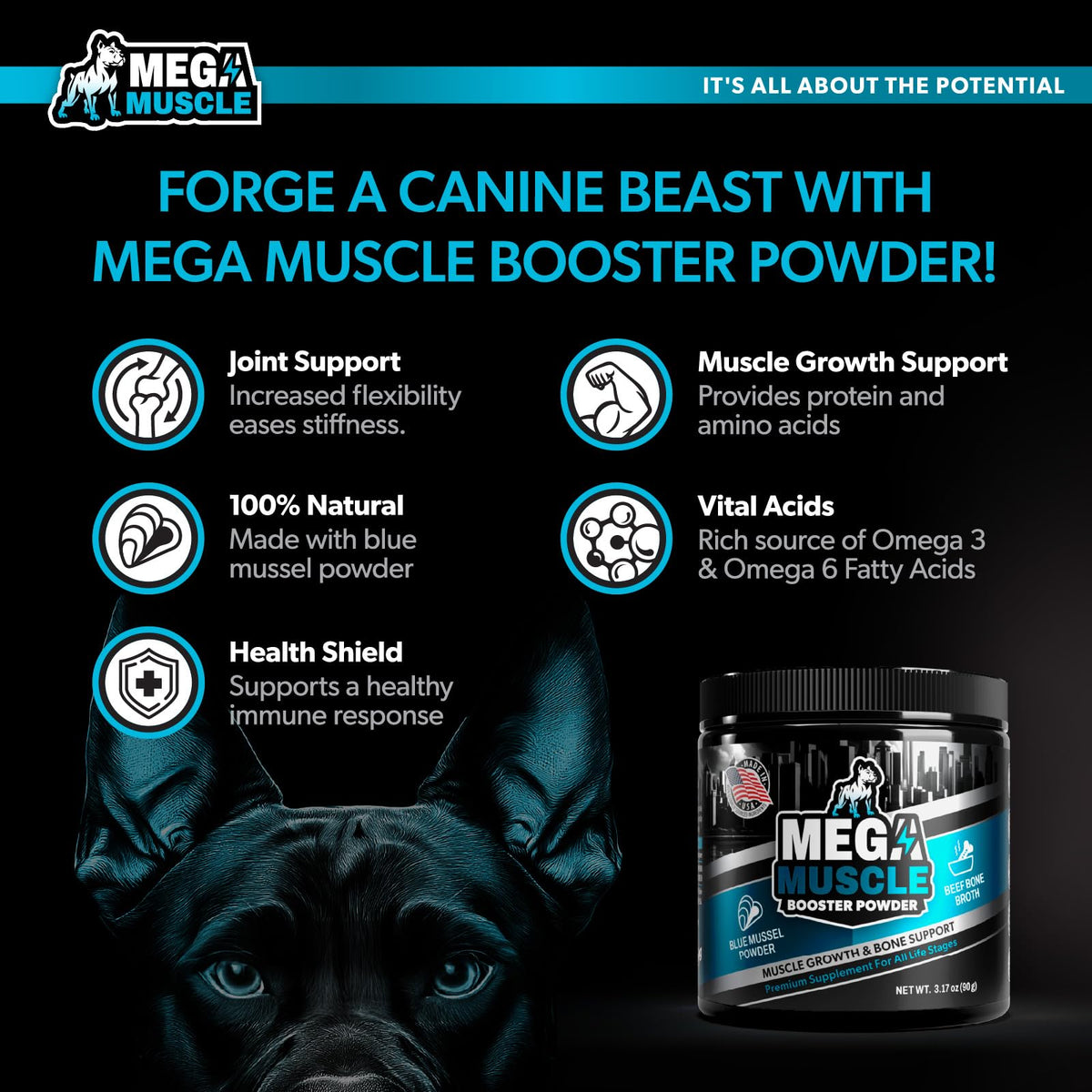 Dog Muscle Support Powder Blue Mussel Bone Broth Food Topper 3.2 oz G421