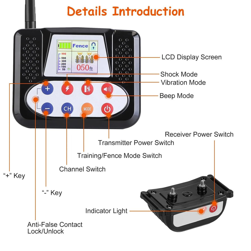 Wireless Electric Dog Fence & Training Collar 2-in-1, Waterproof Rechargeable, Up to 8 Acre E1469