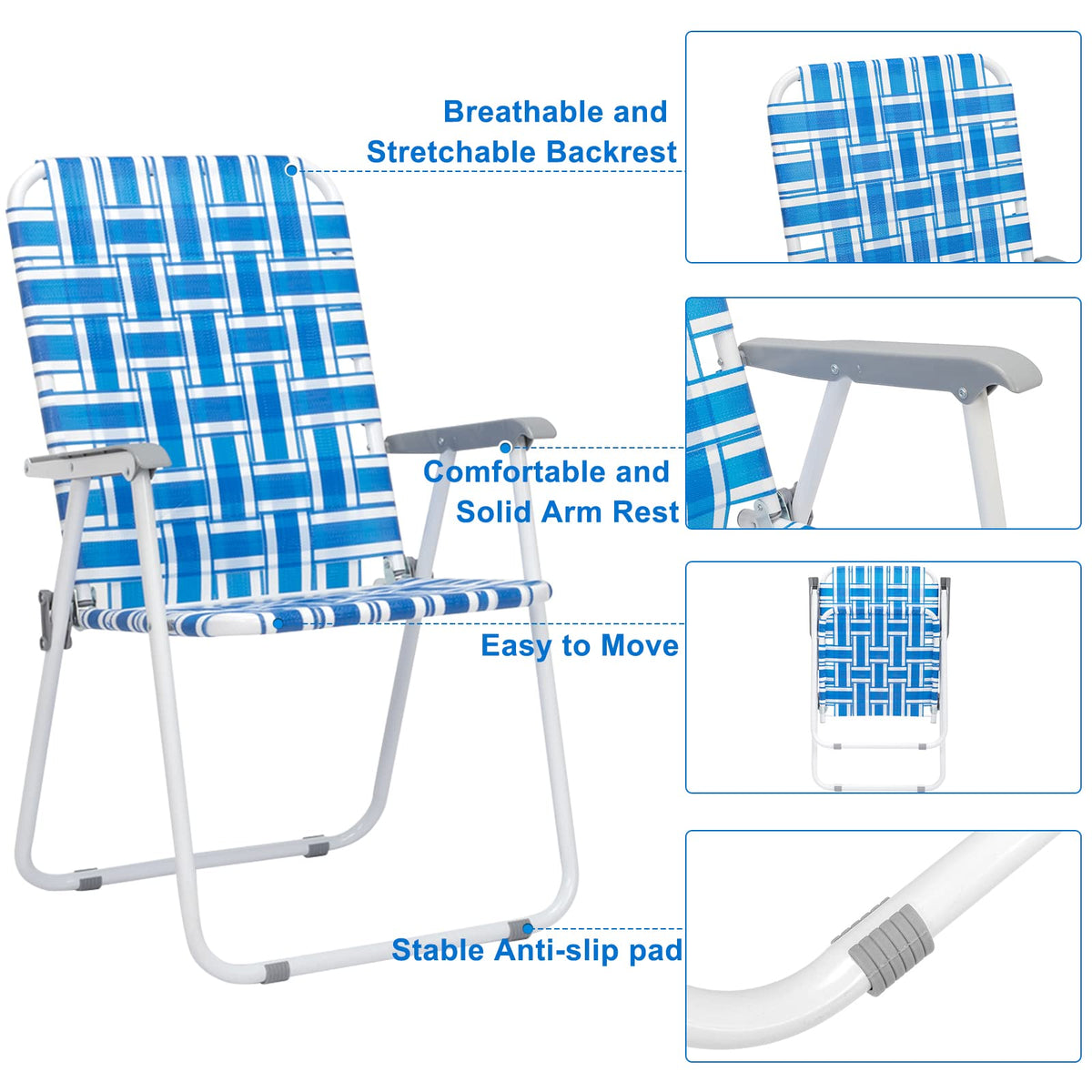 Folding Aluminum Webbed Lawn Chairs Set of 2 Blue & White Strip K868
