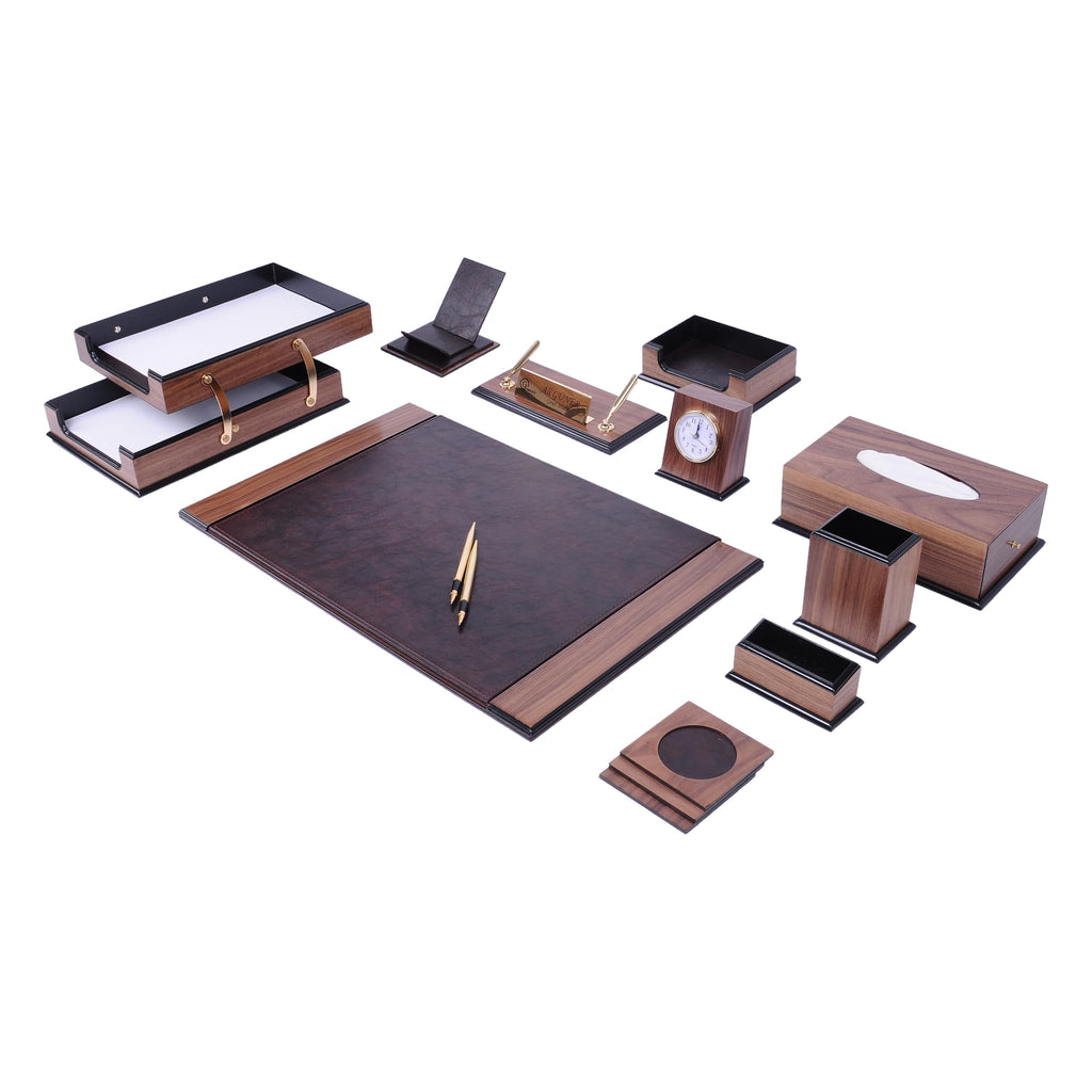 14 Piece Leather Wood Desk Organizer Set V312997
