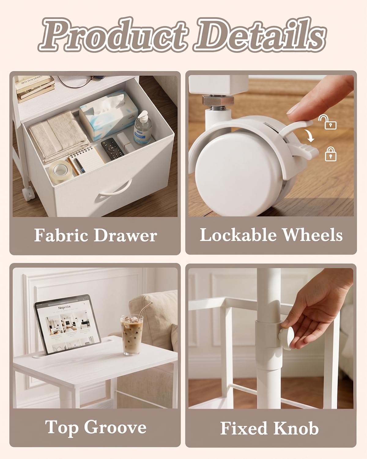 White Night Stand with Charging Station & Swivel Top N811