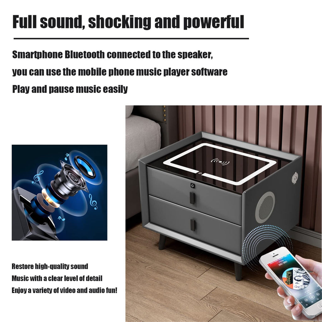 Gray Nightstand with Lock Drawer, Wireless Charging, USB Port and LED Lights C2800