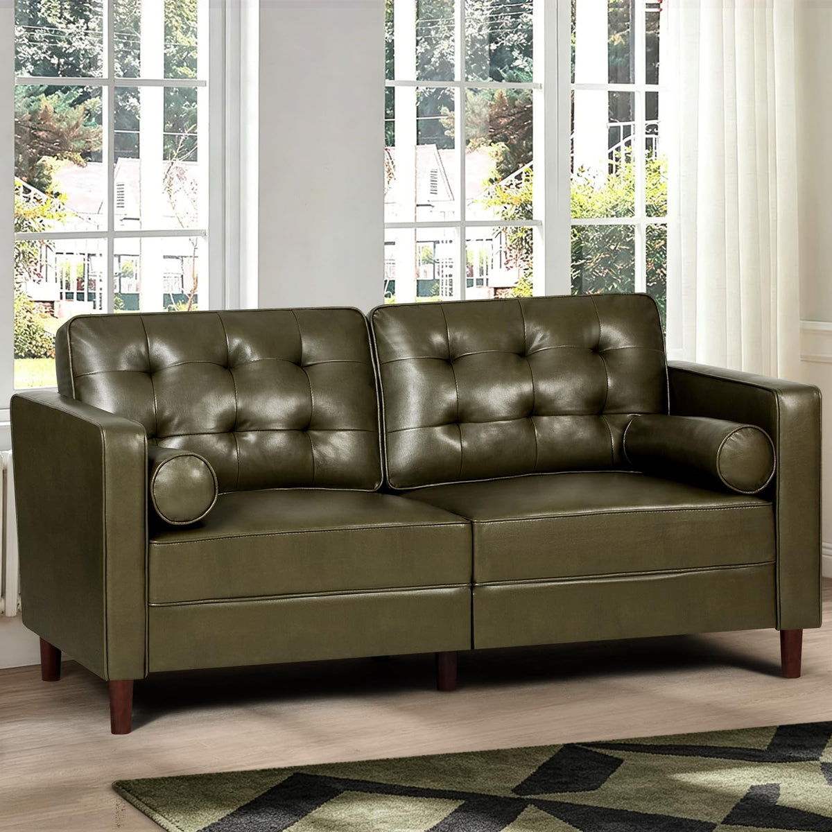 67" Olive Green Faux Leather 2-Seater Sofa with Bolster Pillows Z923