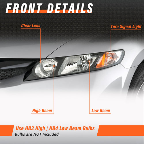 2006-2011 Honda Civic 4 Door Black Headlights Pair D65577