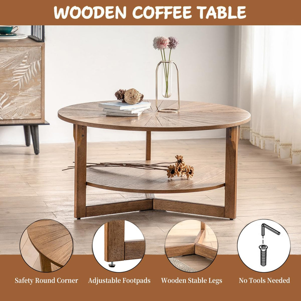 35" Round 2 Tier Wood Coffee Table with Storage Shelf O22680