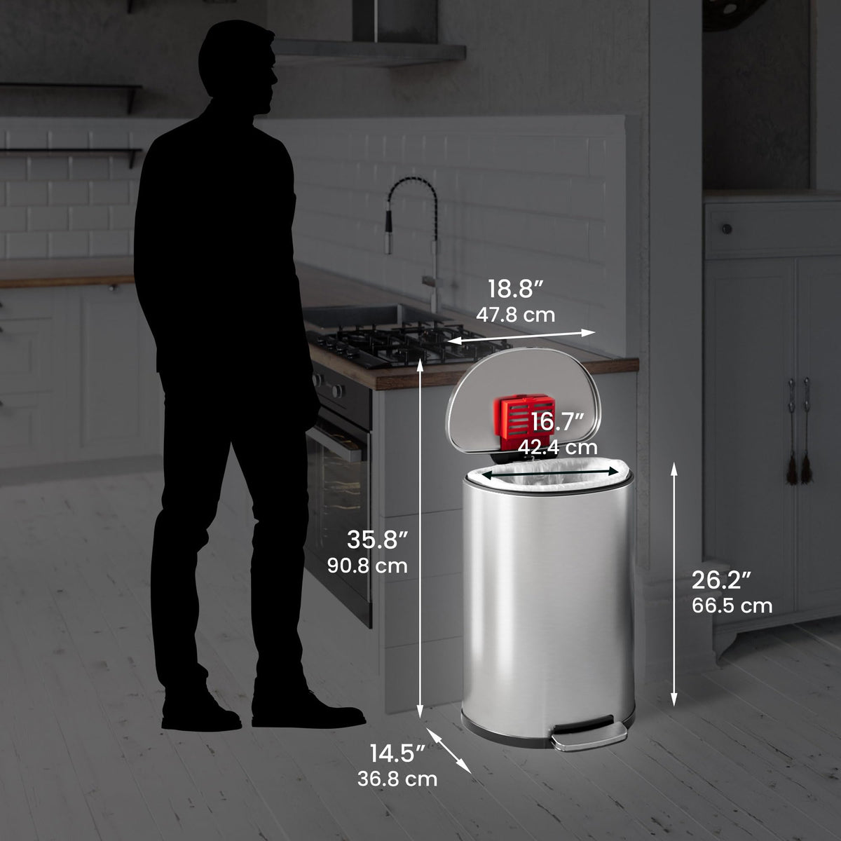 50L Stainless Steel Step Trash Can with Odor Filter and Removable Bucket S744