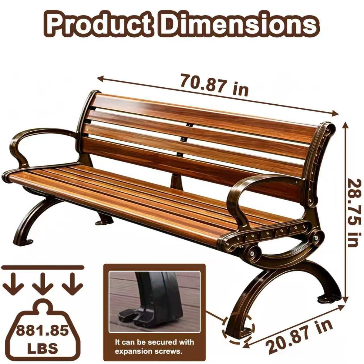 70" Aluminum Alloy Outdoor Bench with Armrest J772251
