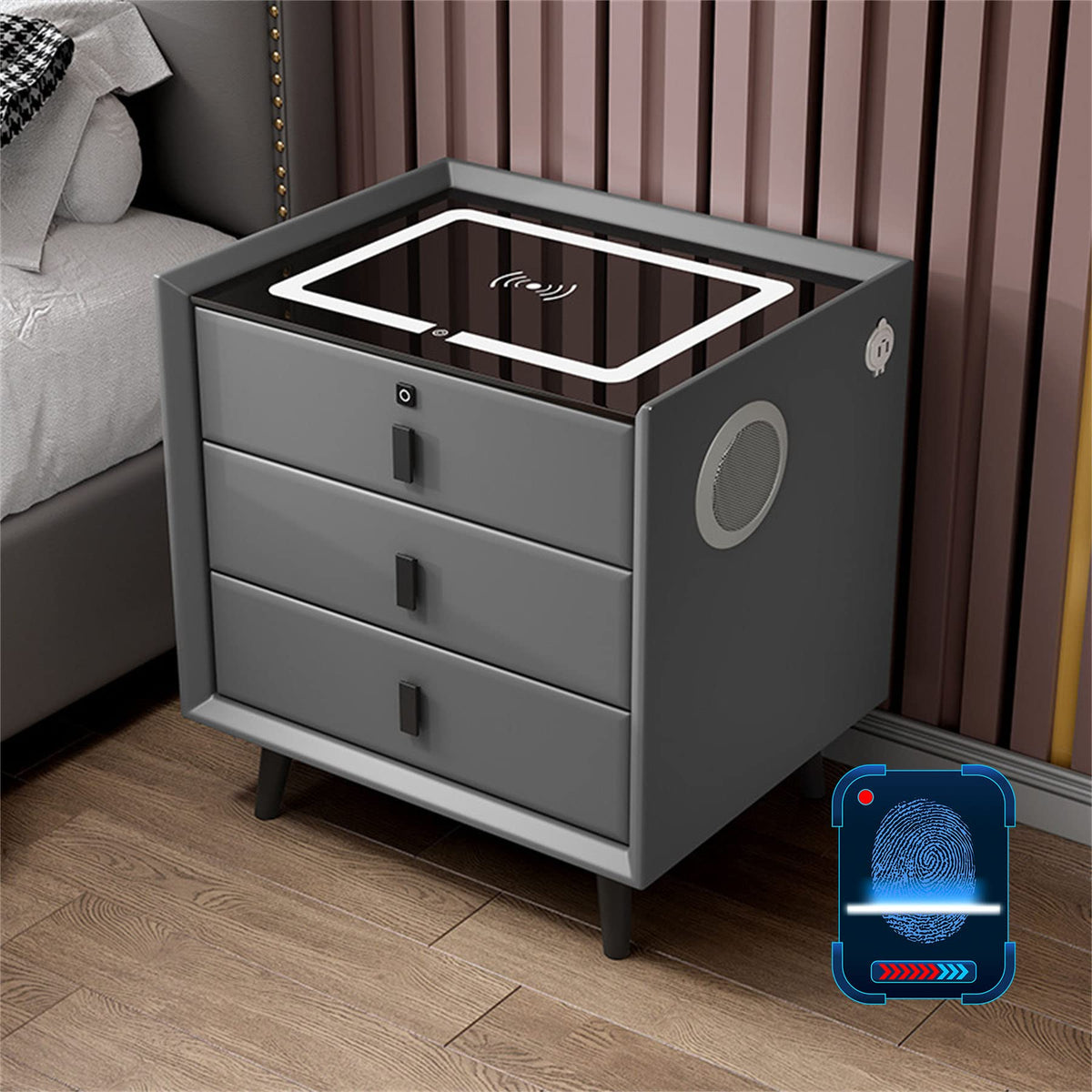 Gray Nightstand with Lock Drawer, Wireless Charging, USB Port and LED Lights C2800