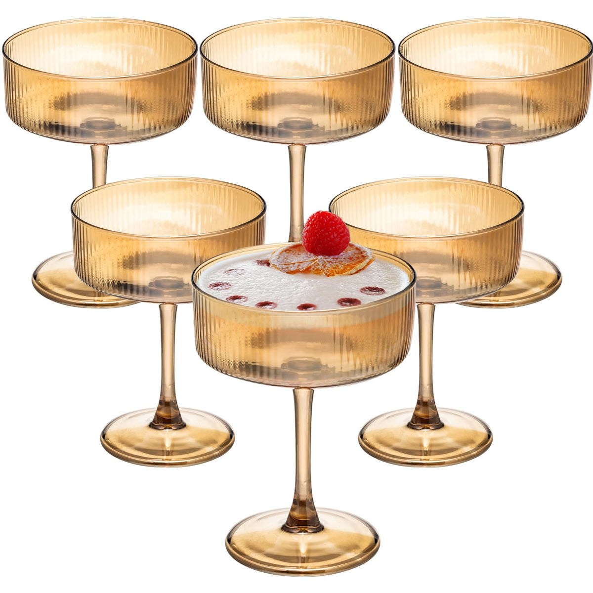 Set of 6 Amber Ribbed Coupe Cocktail Glasses D448