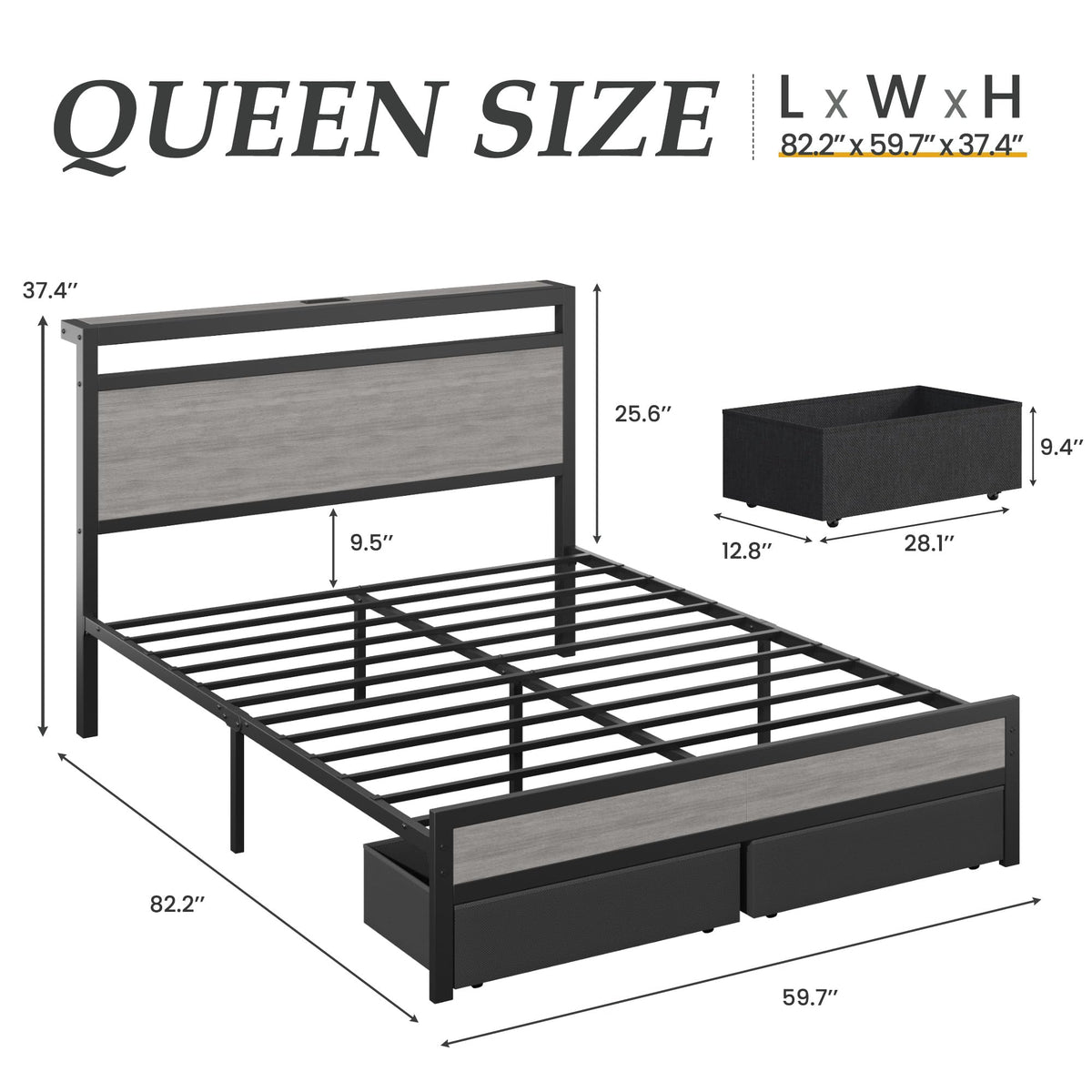 Queen Size Storage Bed Frame with Wood Headboard and LED Lights A645