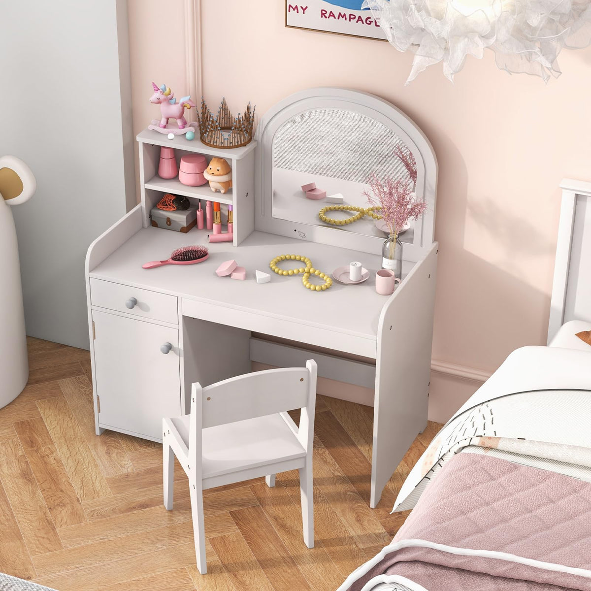 Kids Vanity Table and Chair Set with LED Lighted Mirror U444013