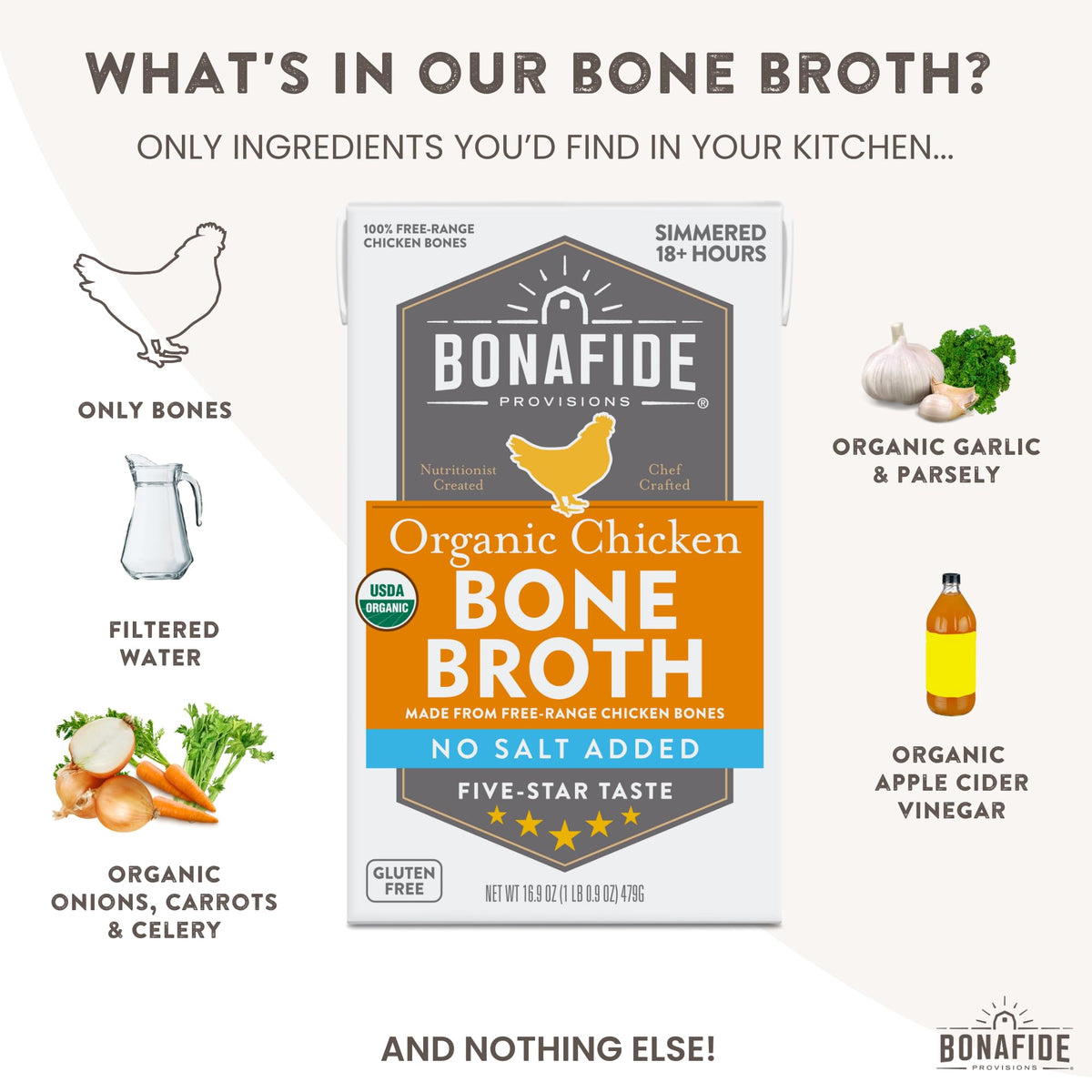 Organic Chicken Bone Broth No Salt Added 16.9oz 6 Pack J850678