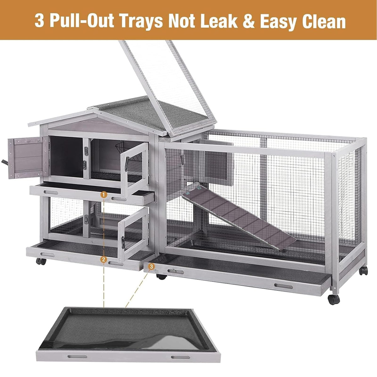 Indoor and Outdoor Rabbit Hutch with Casters Waterproof Roof G4360