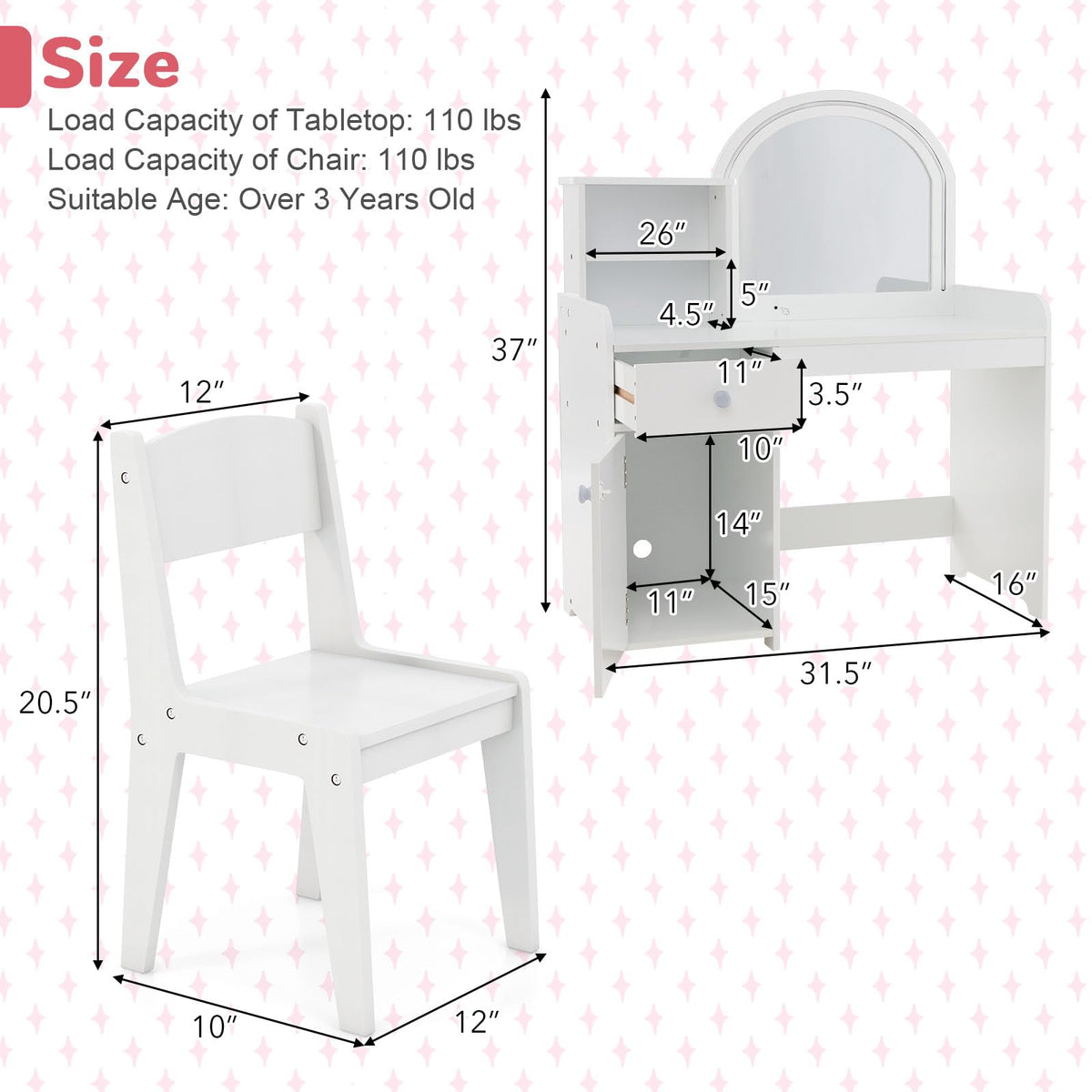 Kids Vanity Table and Chair Set with LED Lighted Mirror U444013
