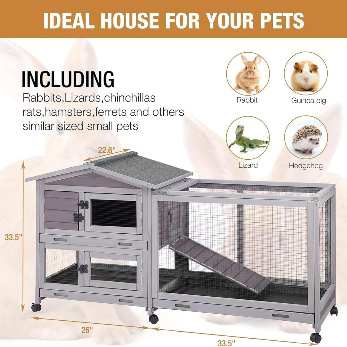 Indoor and Outdoor Rabbit Hutch with Casters Waterproof Roof G4360