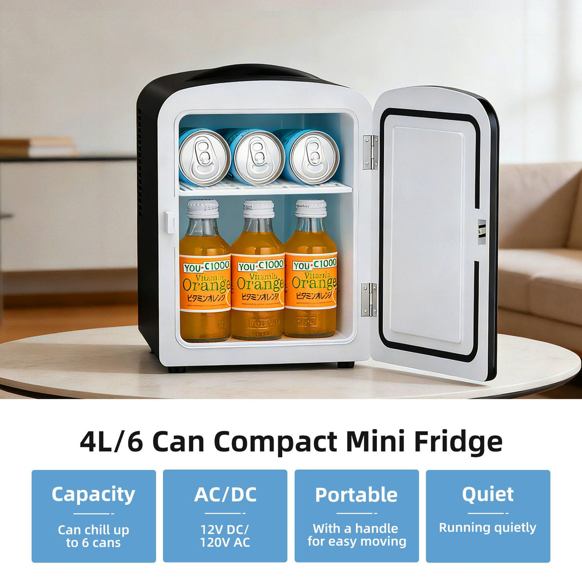 4L 6 Can Portable Mini Fridge Black O769662