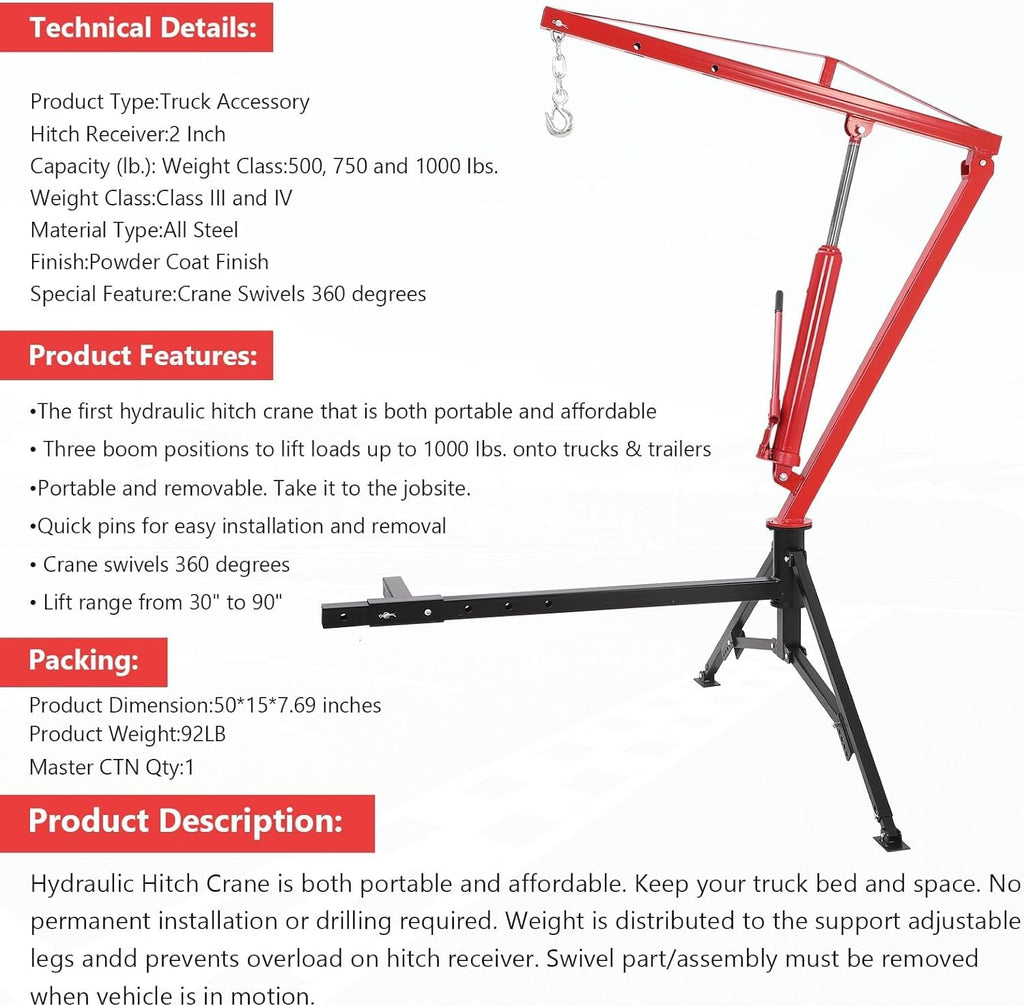 Hydraulic Hitch Mounted Pickup Truck Crane, 1000 Lbs Capacity, 360° Swivel, Red C396278
