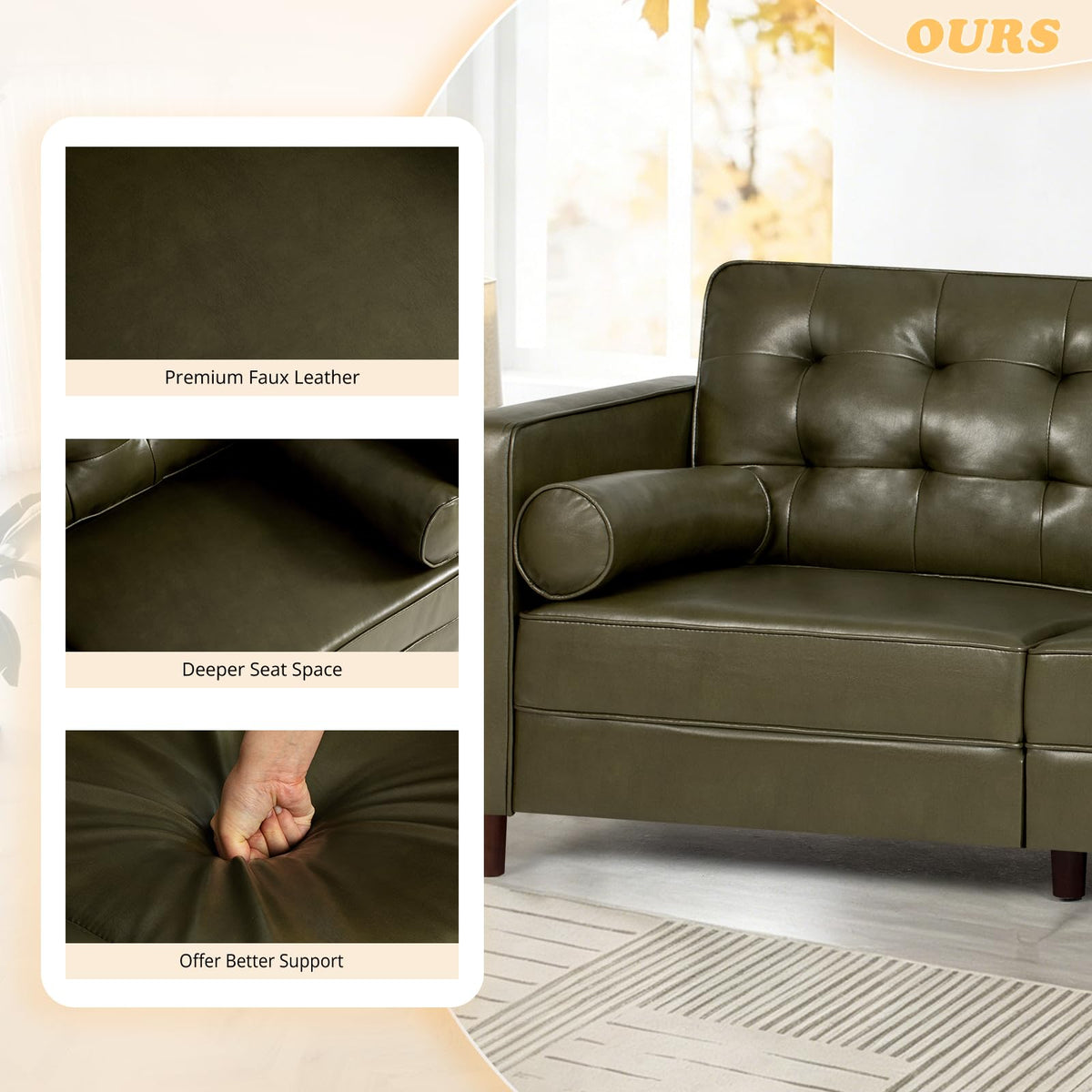 67" Olive Green Faux Leather 2-Seater Sofa with Bolster Pillows Z923