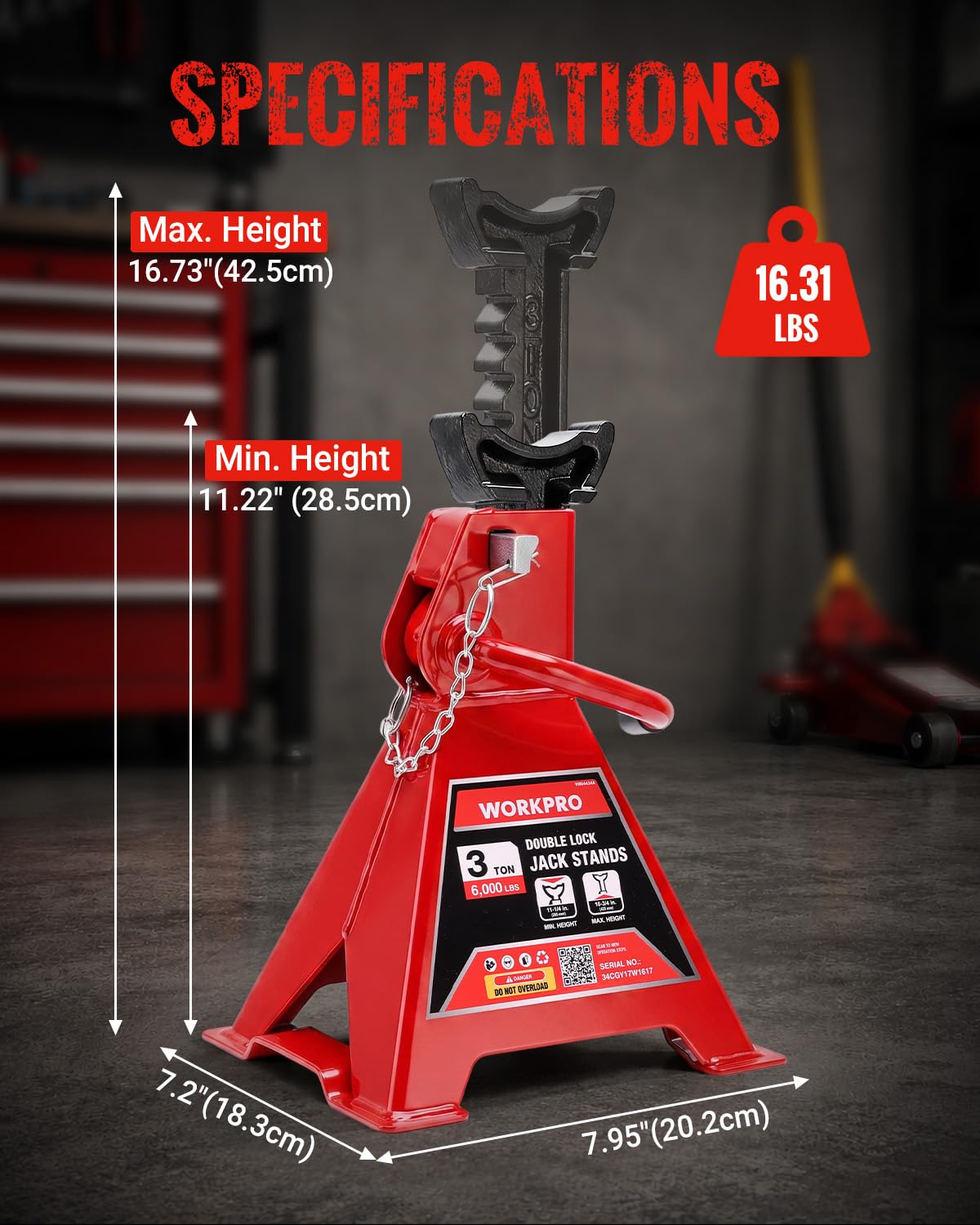 3 Ton Jack Stands with Double Lock, 1 Pair H14450