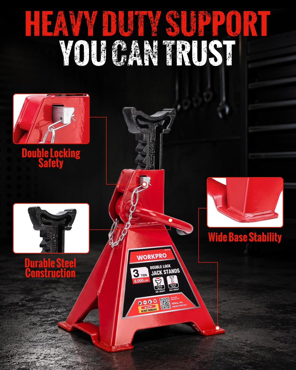 3 Ton Jack Stands with Double Lock, 1 Pair H14450