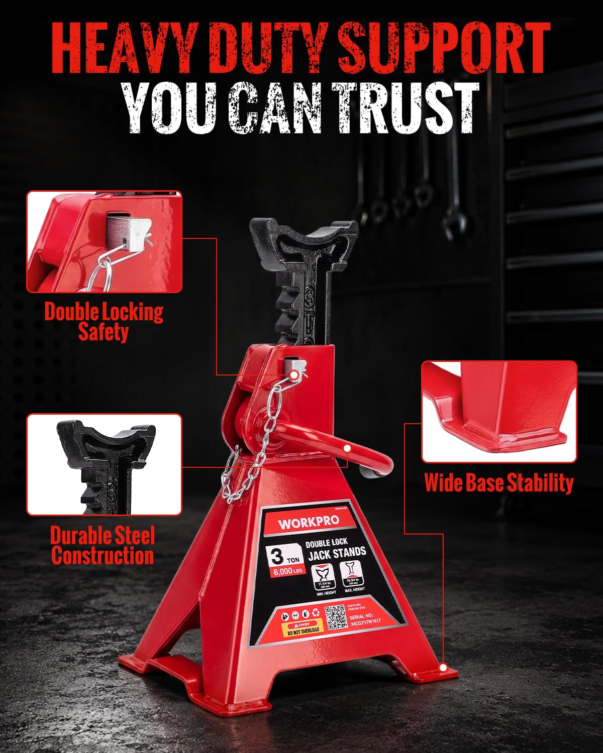 3 Ton Jack Stands with Double Lock, 1 Pair H14450