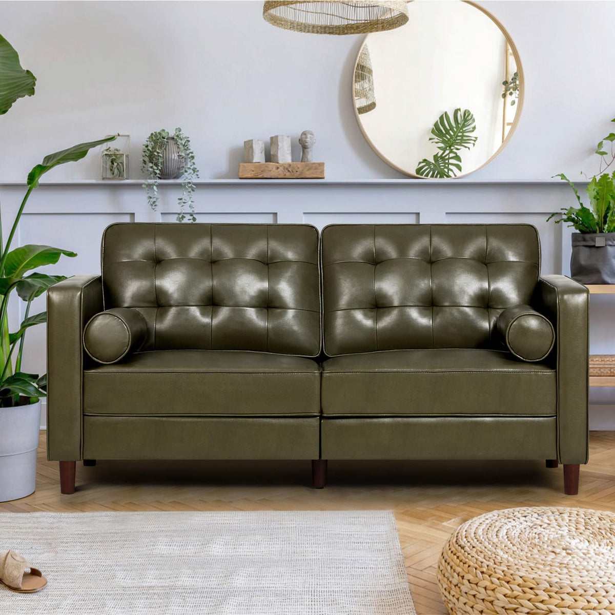 67" Olive Green Faux Leather 2-Seater Sofa with Bolster Pillows Z923