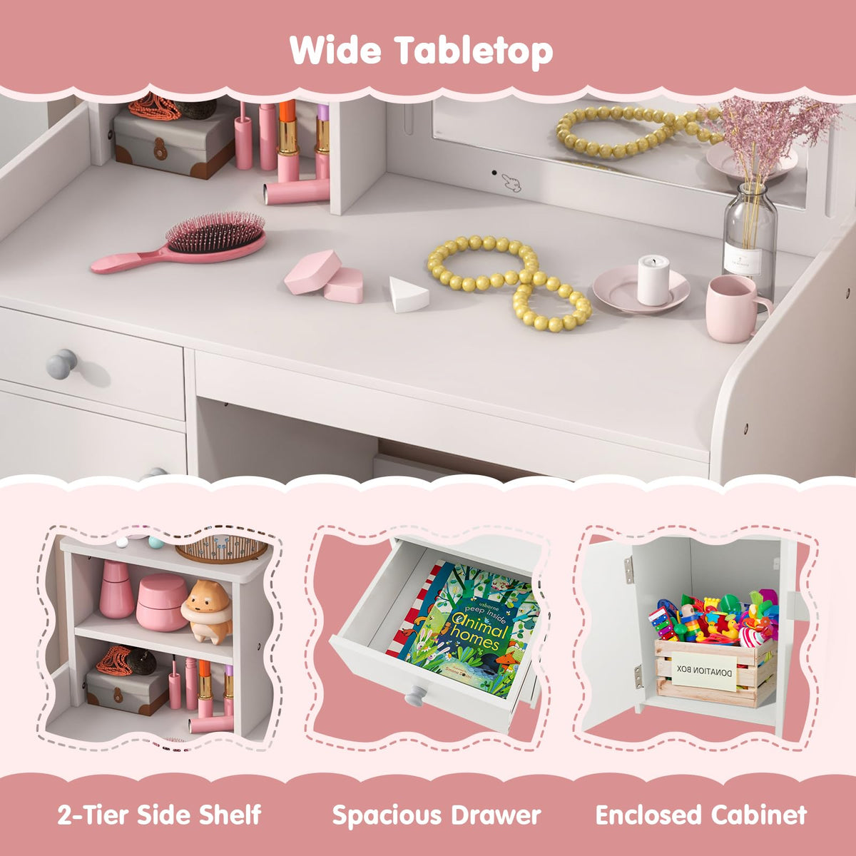 Kids Vanity Table and Chair Set with LED Lighted Mirror U444013