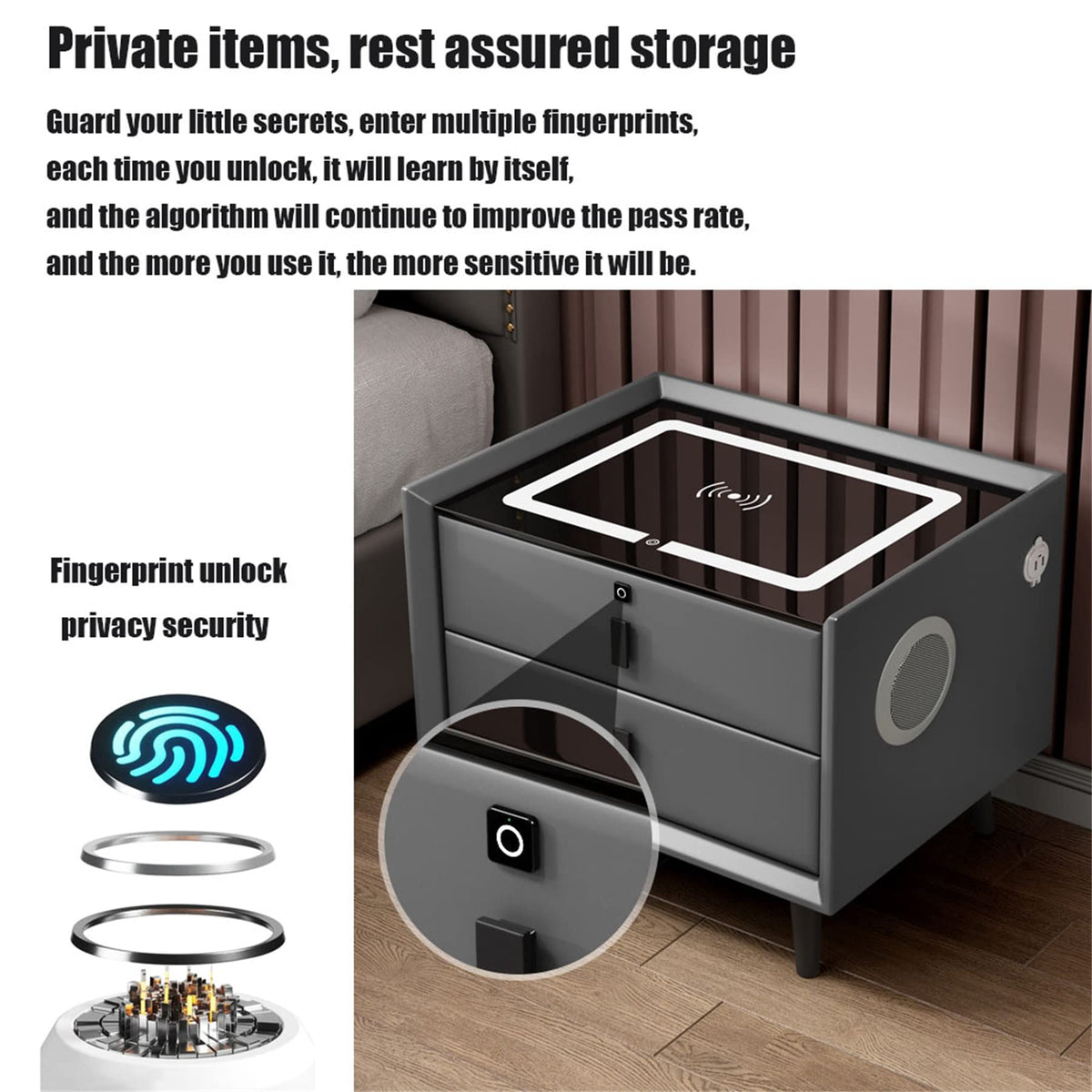 Gray Nightstand with Lock Drawer, Wireless Charging, USB Port and LED Lights C2800