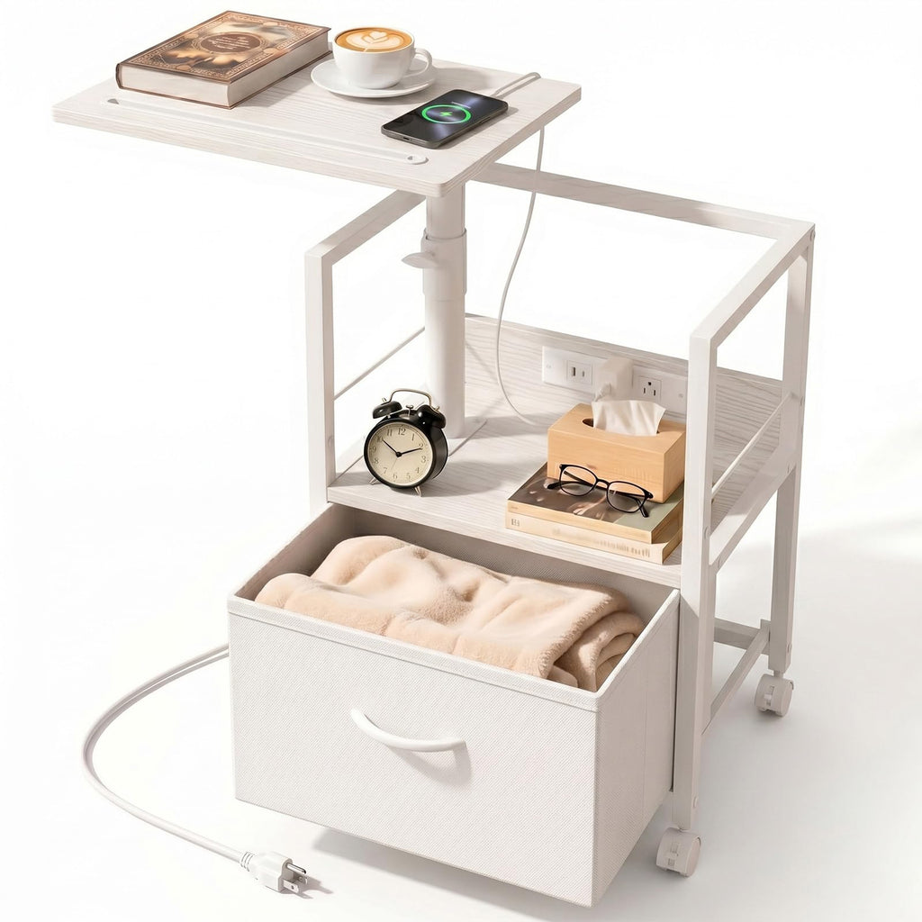 White Night Stand with Charging Station & Swivel Top N811