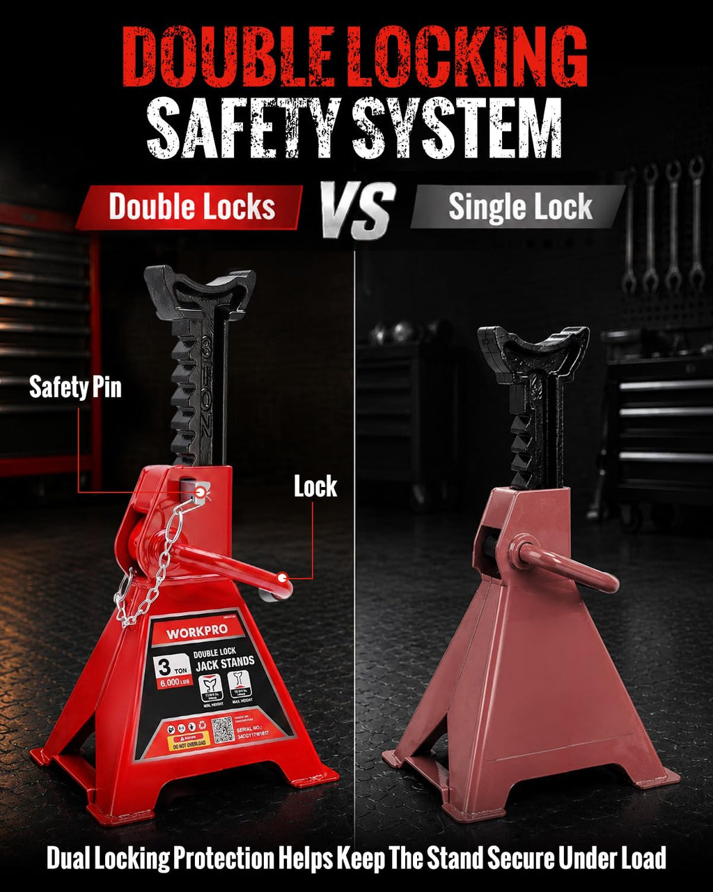 3 Ton Jack Stands with Double Lock, 1 Pair H14450