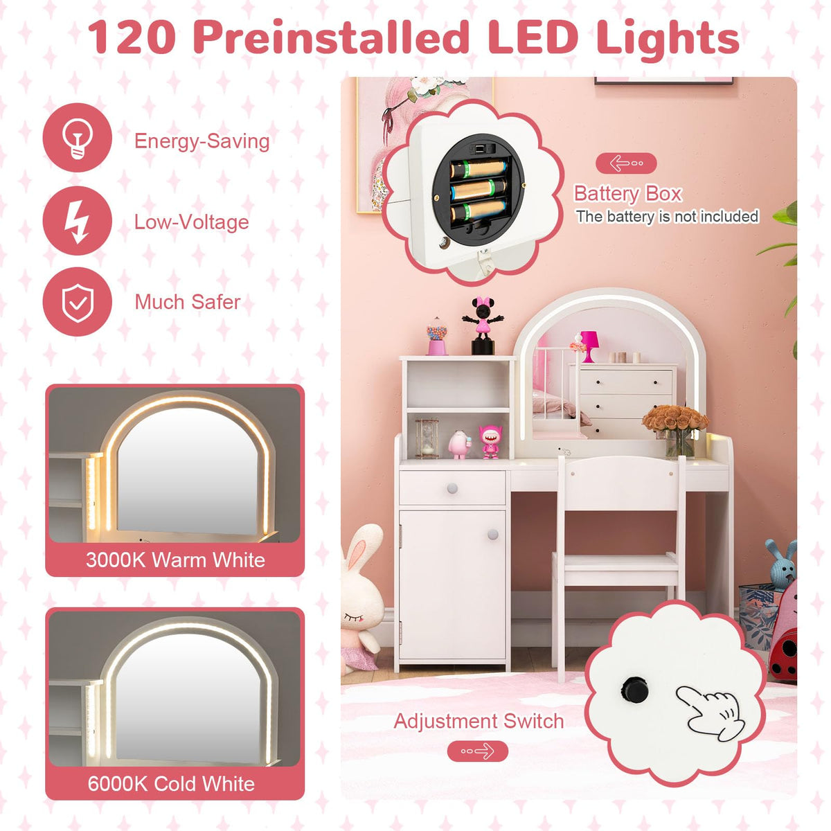 Kids Vanity Table and Chair Set with LED Lighted Mirror U444013