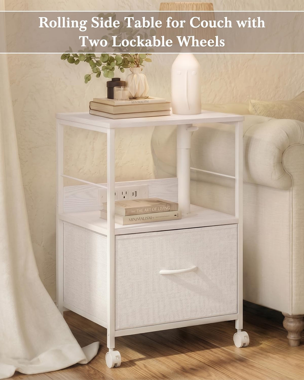 White Night Stand with Charging Station & Swivel Top N811