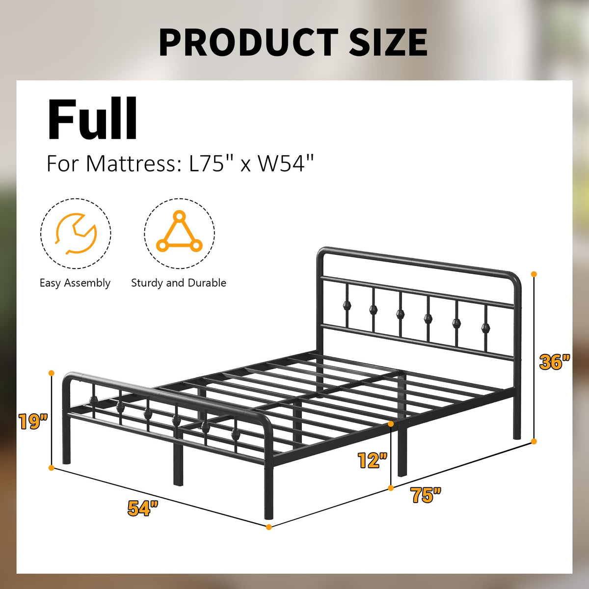 12 Inch Full Bed Frame with Headboard and Footboard P9106