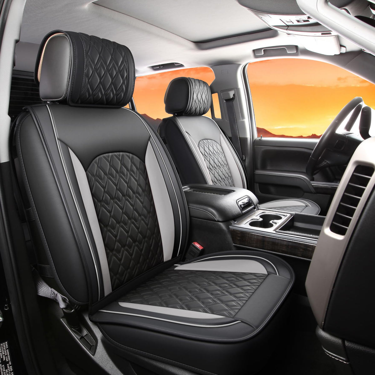 Leather Seat Covers for Chevy Silverado GMC Sierra, Custom Fit, Front Pair, Black Grey W4819