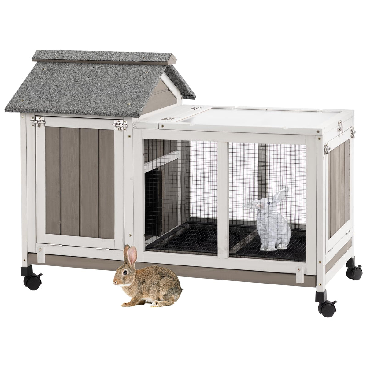 38.19"L Wooden Rabbit Hutch with 4 Wheels and Pull Out Tray P2758