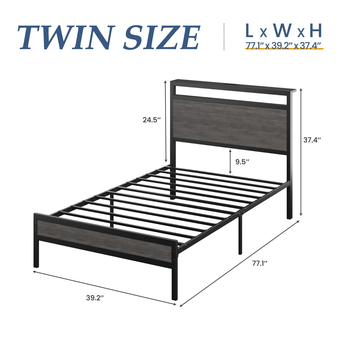 Twin Bed Frame with Headboard & Footboard, Charging Station & LED Light, Rustic Grey U91104