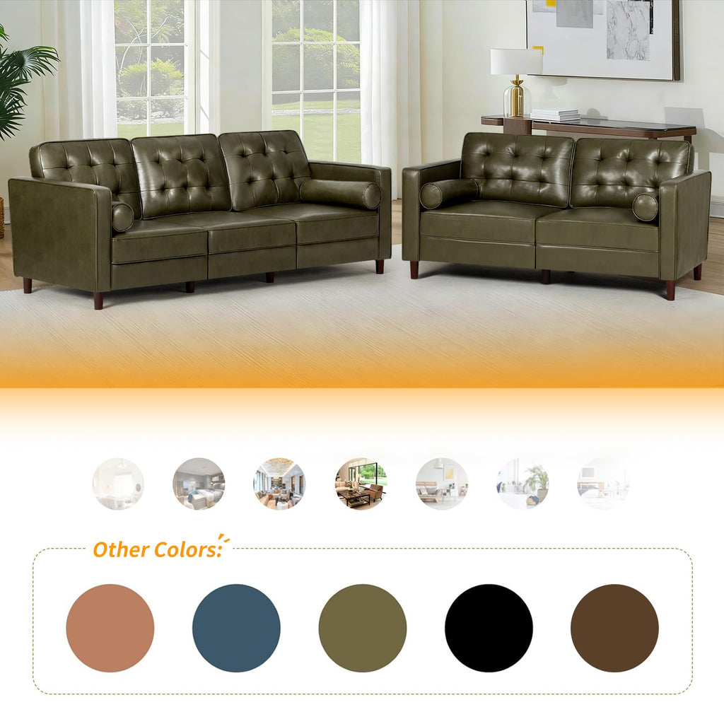 67" Olive Green Faux Leather 2-Seater Sofa with Bolster Pillows Z923