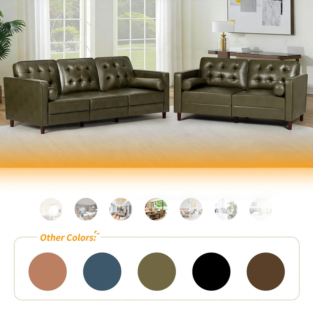 67" Olive Green Faux Leather 2-Seater Sofa with Bolster Pillows Z923