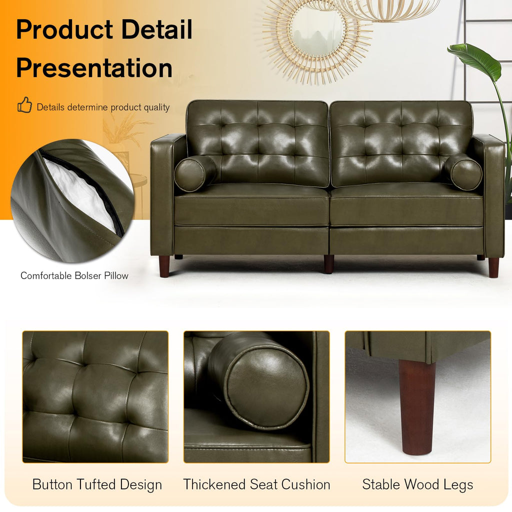 67" Olive Green Faux Leather 2-Seater Sofa with Bolster Pillows Z923