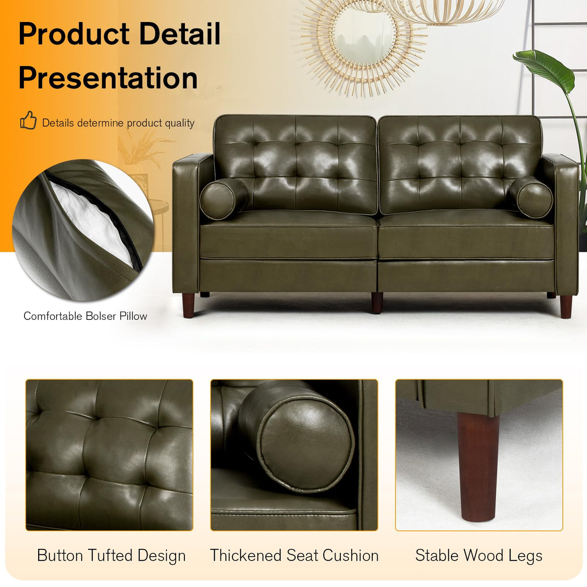 67" Olive Green Faux Leather 2-Seater Sofa with Bolster Pillows Z923