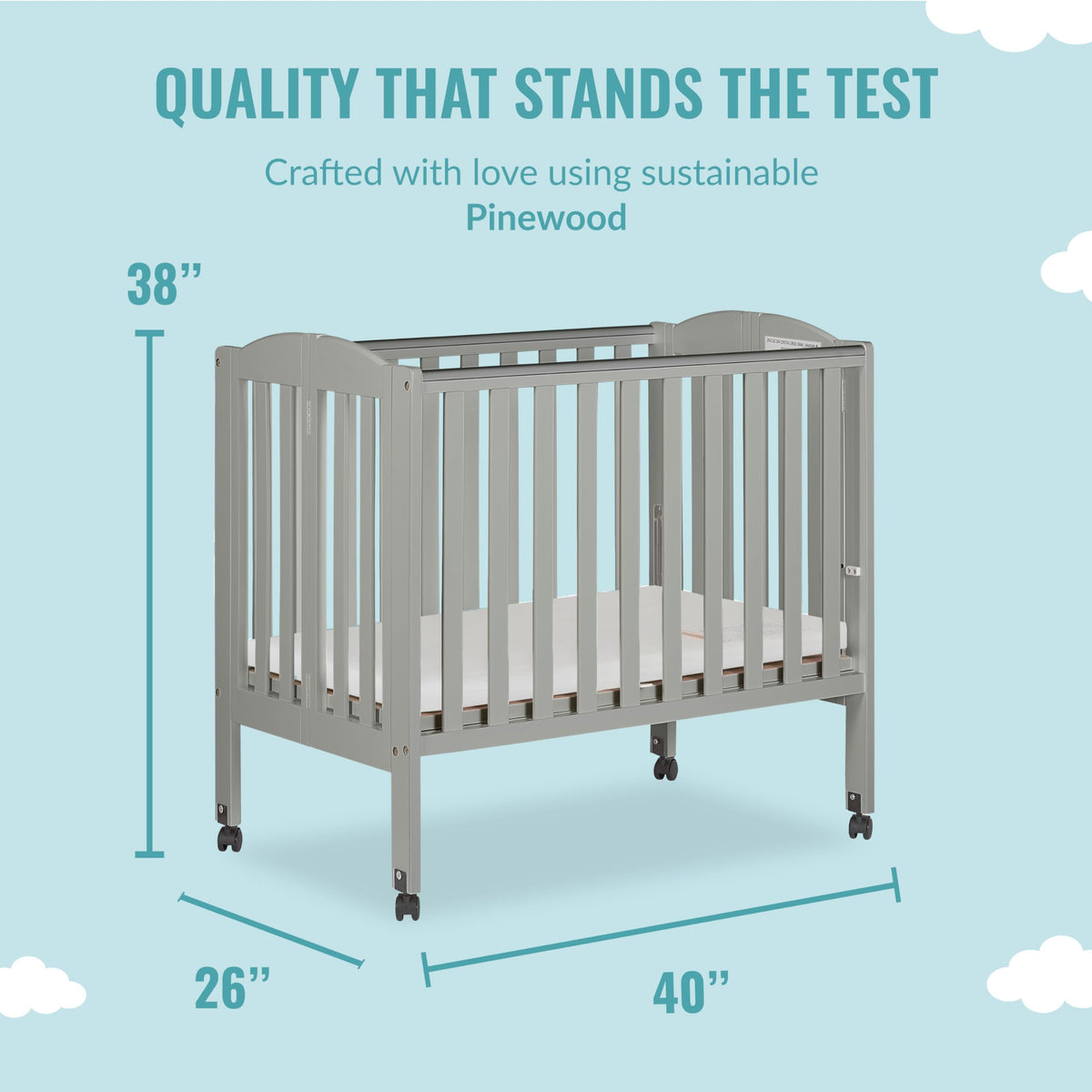 Cool Grey 2 in 1 Folding Portable Crib with 3” Fiber Mattress C74693