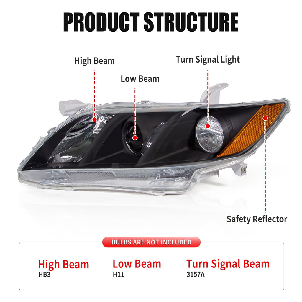 Camry Headlight Assembly Clear Lens Black Housing Left and Right Pair W216