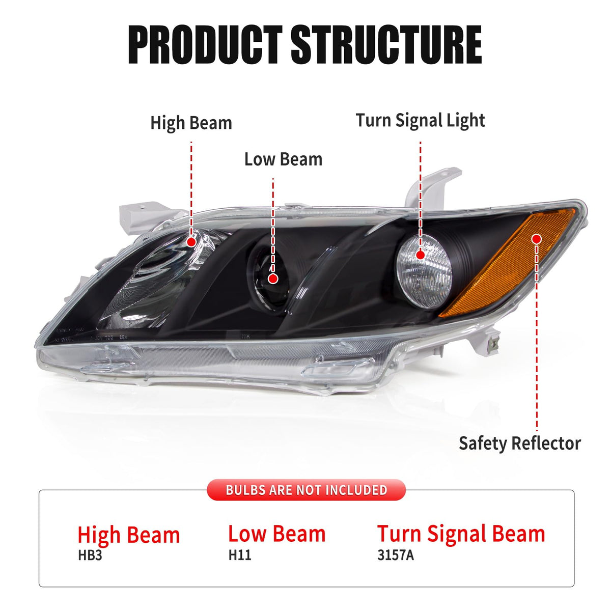 Camry Headlight Assembly Clear Lens Black Housing Left and Right Pair W216